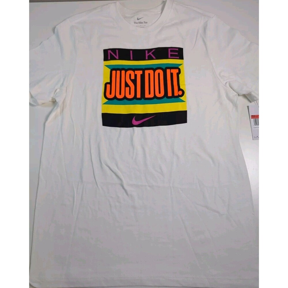 Nike Dri-Fit TShirt Mens White Center Swoosh Logo 80's Vibe Just Do It Sz Large